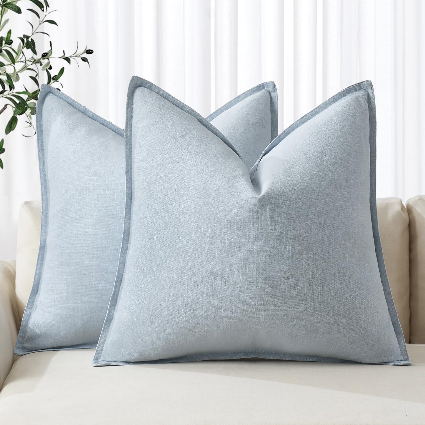 Light blue linen pillow covers 18x18 inch, perfect for boho farmhouse decor, enhancing your sofa or bed with neutral tones.