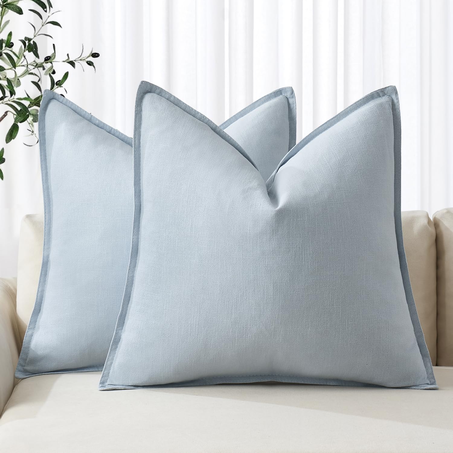 Light blue linen pillow covers 18x18 inch, perfect for boho farmhouse decor, enhancing your sofa or bed with neutral tones.