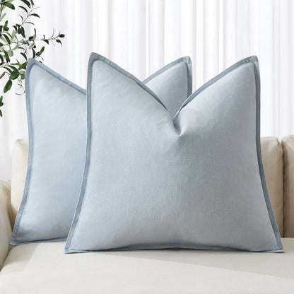 Light blue linen pillow covers 18x18 inch, perfect for boho farmhouse decor, enhancing your sofa or bed with neutral tones.