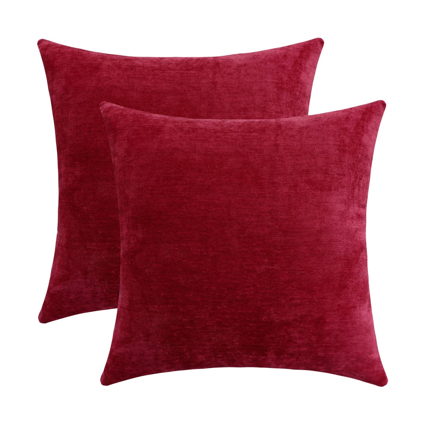 Set of 2 bright red chenille throw pillow covers, 18x18 inches, perfect for rustic farmhouse decor.