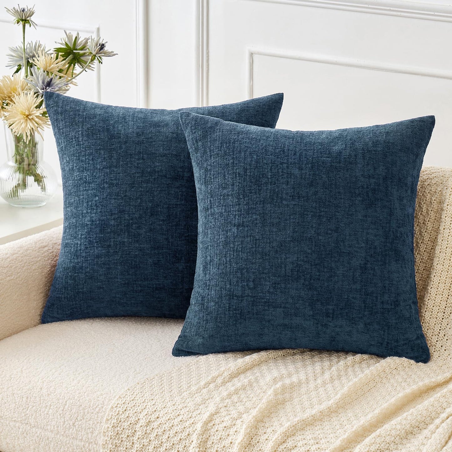 Blue chenille throw pillow covers 18x18 inch, perfect for adding comfort to your sofa or living room decor.