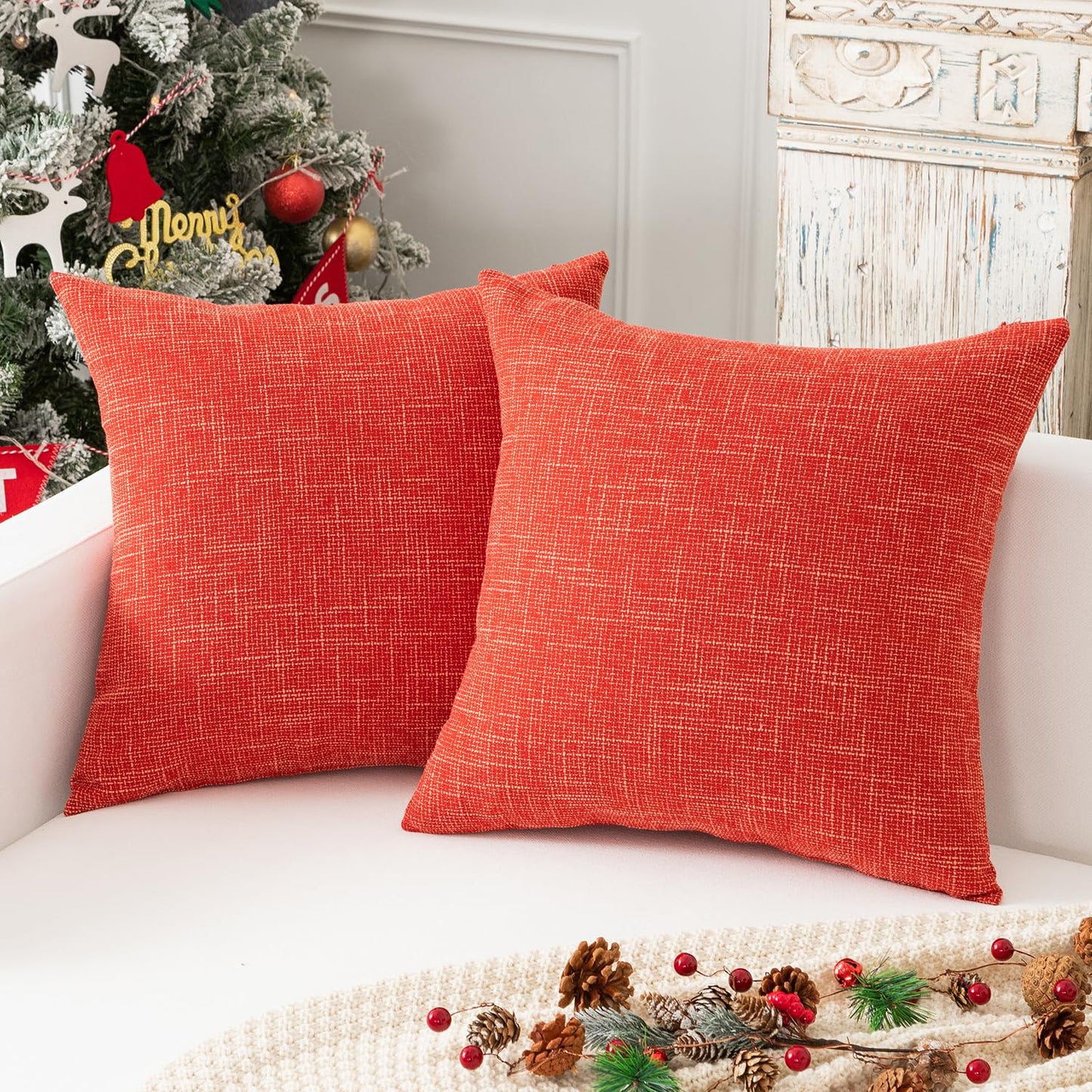 Burnt brick faux linen pillow covers add a cozy touch to your living room decor, perfect for couch or sofa, 24x24 inches.