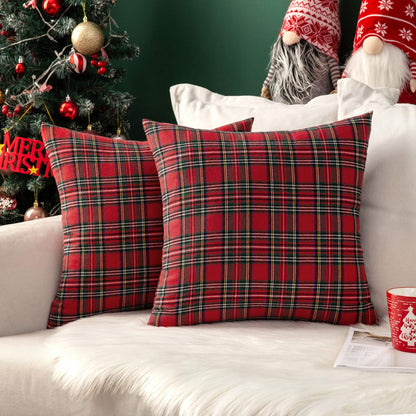 Scottish tartan plaid throw pillow covers on sofa with Christmas decor, perfect for farmhouse home style, 16x16 inch.
