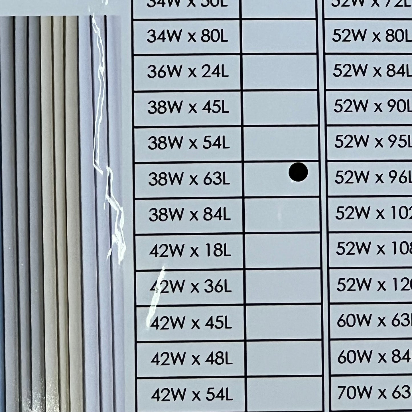 Curtain size chart for ChrisDowa blackout curtains, displaying various dimensions including 38W x 63L, ideal for bedrooms.