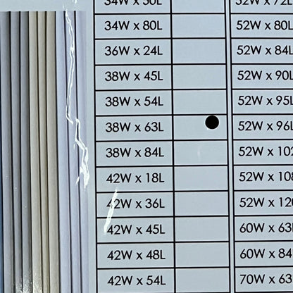 Curtain size chart for ChrisDowa blackout curtains, displaying various dimensions including 38W x 63L, ideal for bedrooms.