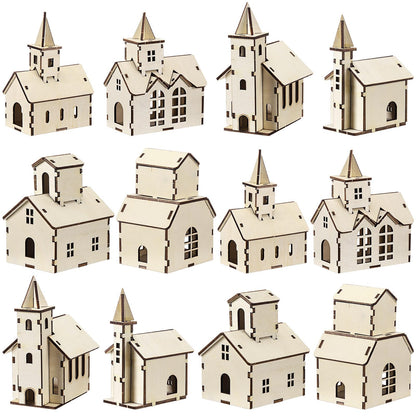 Rustic DIY Christmas village set with wooden houses and churches, perfect for festive winter crafts and holiday decorations.