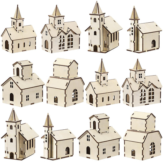 Rustic DIY Christmas village set with wooden houses and churches, perfect for festive winter crafts and holiday decorations.