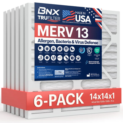BNX TruFilter 14x14x1 Air Filter MERV 13, 6-pack, electrostatic pleated for allergies, pollen, mold, made in USA.