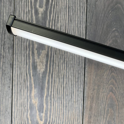 Sleek black LED desk lamp with a modern design, perfect for home office, featuring eye-caring light and a flexible gooseneck.
