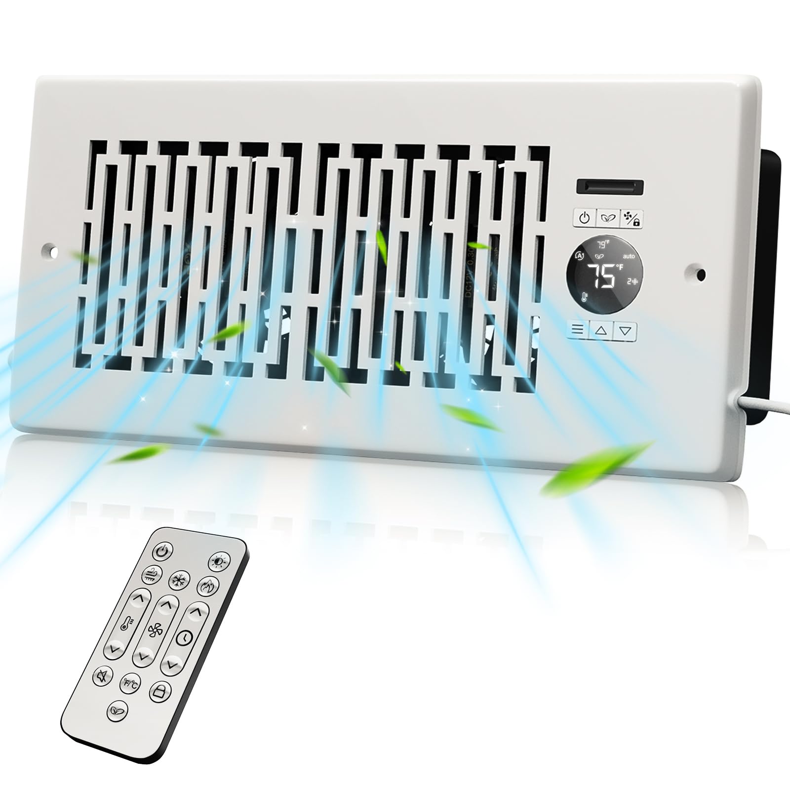 Smart register booster fan with remote, enhancing airflow for 4" x 10" vents, displaying temperature settings.