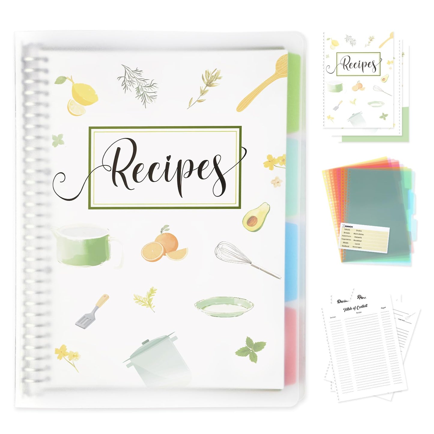 Blank recipe book with whimsical kitchen illustrations, features removable hardcover and 8 dividers for easy organization.