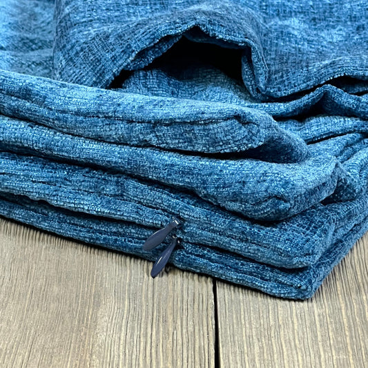 Blue chenille throw pillow covers in 18x18 inch size, showcasing soft texture and solid dye, perfect for living room decor.