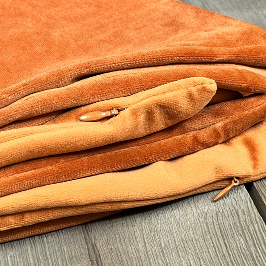 Rust velvet throw pillow covers with invisible zipper, luxury soft cushion cases for living room or bedroom decor.