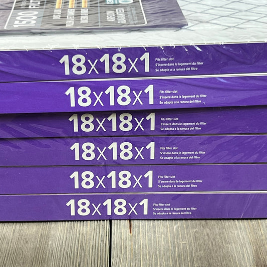 Six-pack of Filtrete 18x18x1 AC Furnace Air Filters, MERV 12, asthma and allergy friendly, in purple packaging.