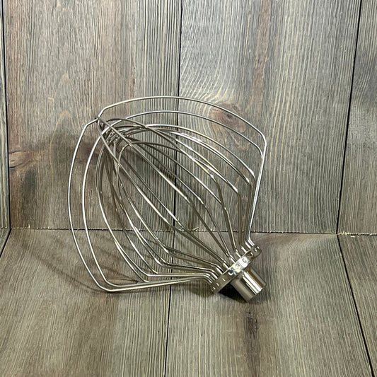 Stainless steel 11-wire whip attachment for KitchenAid 7 quart mixer, perfect for whipping eggs and cream, dishwasher safe.