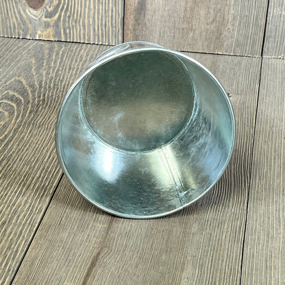 Mini galvanized bucket with handle on rustic wooden floor, 4.5 x 3.5 inches, ideal for home decor or gardening.