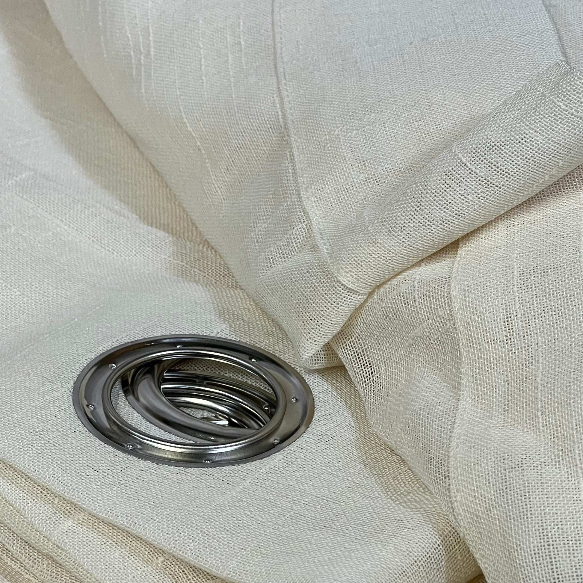 Ivory sheer curtain panel with silver grommet, ideal for indoor/outdoor use on porch or patio, 114"x84".
