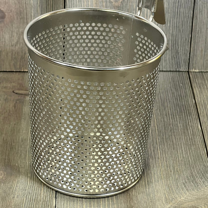 Stainless steel pasta cooker basket with perforated design, featuring a sturdy wood handle for easy straining and cooking.