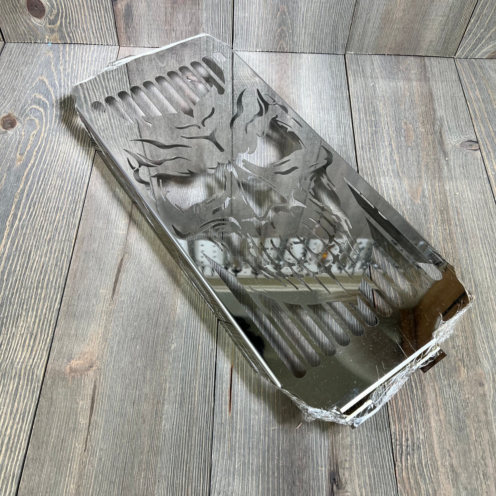 Chrome skull radiator grill cover guard for Honda Shadow ACE VT400 VT750, enhancing motorcycle aesthetics and protection.