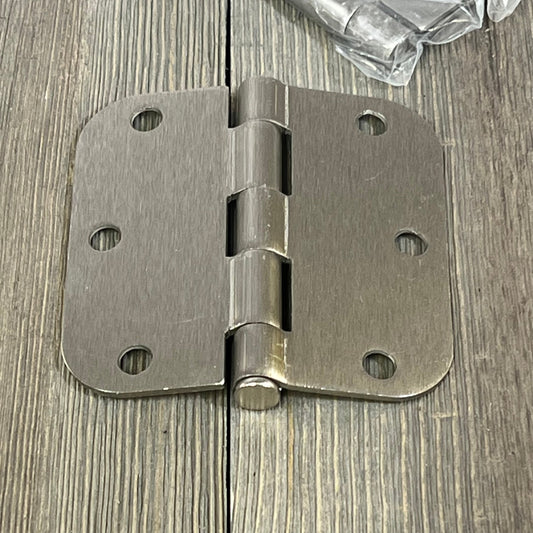 Brushed nickel rounded satin door hinge with 5/8" radius corners, ideal for interior doors and home decor hardware.