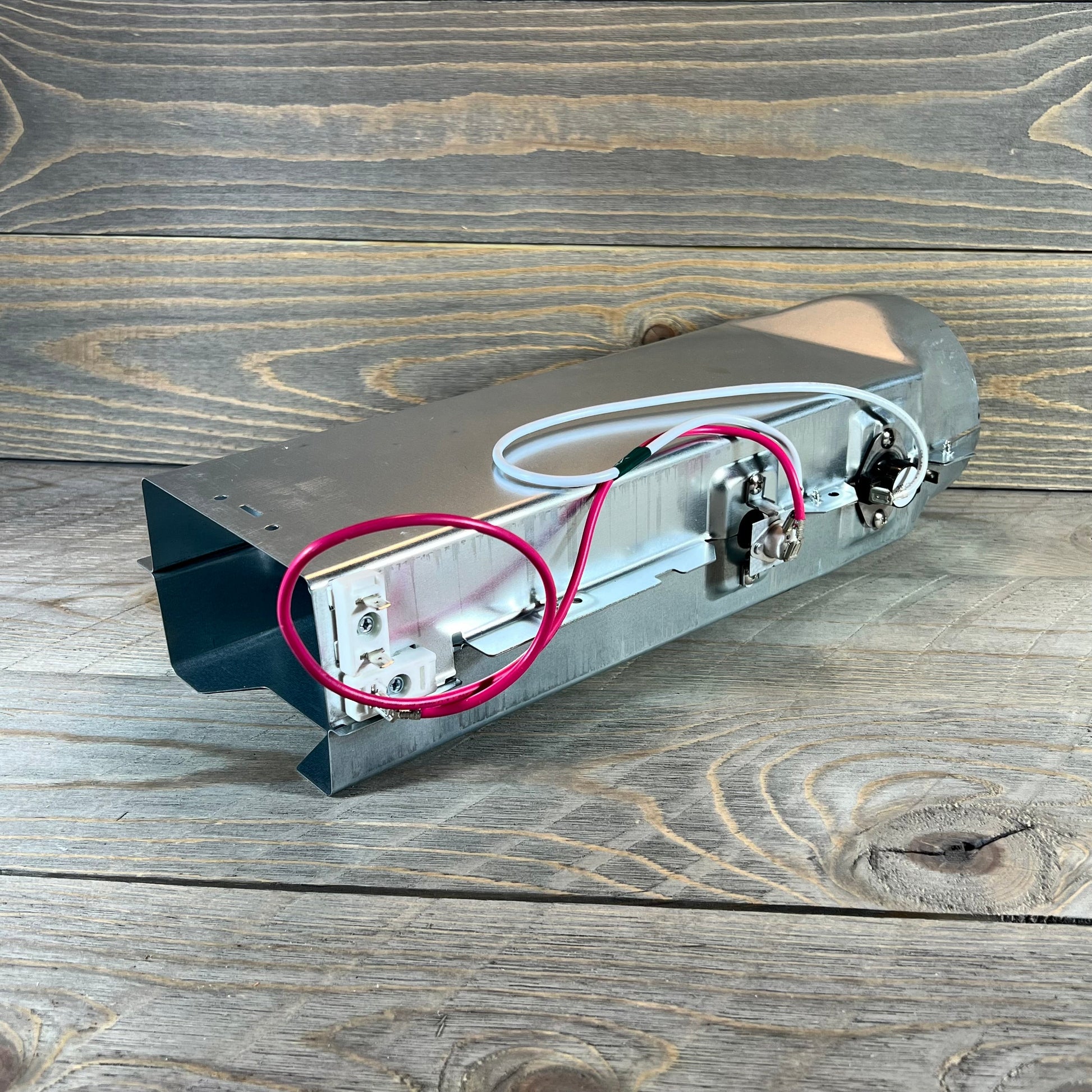 Stainless steel dryer heating element with red wiring, compatible with LG TROMM and Kenmore Elite models.
