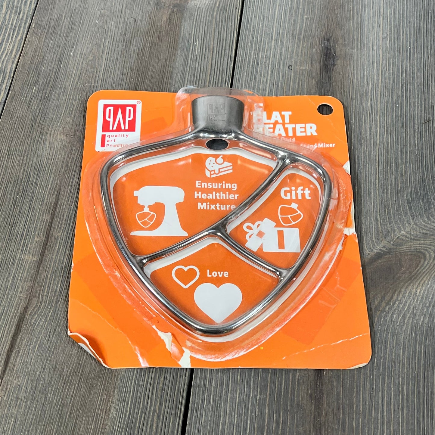 Stainless steel flat beater for KitchenAid mixers, designed for 4.5-5 QT bowls, displayed in vibrant packaging.