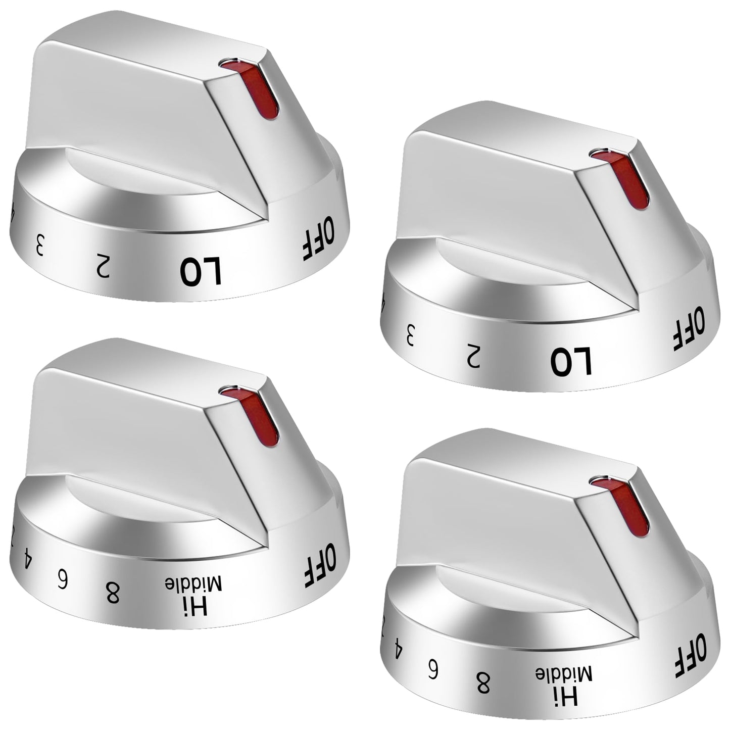 Set of four silver Samsung stove knobs, model DG94-03500A/Z, compatible with NE63T8111SS/AA and NE63T8311SS/AA models.