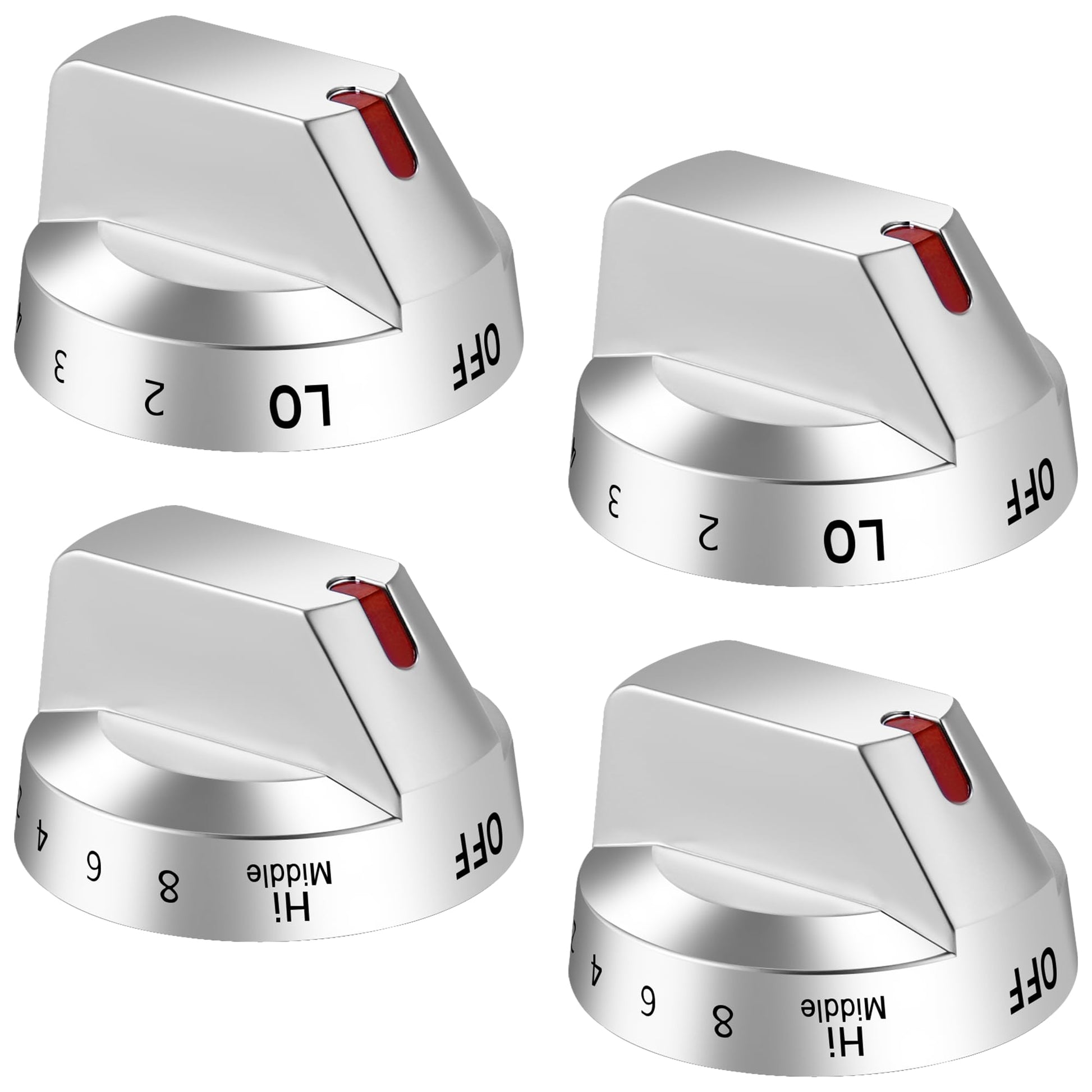 Set of four silver Samsung stove knobs, model DG94-03500A/Z, compatible with NE63T8111SS/AA and NE63T8311SS/AA models.