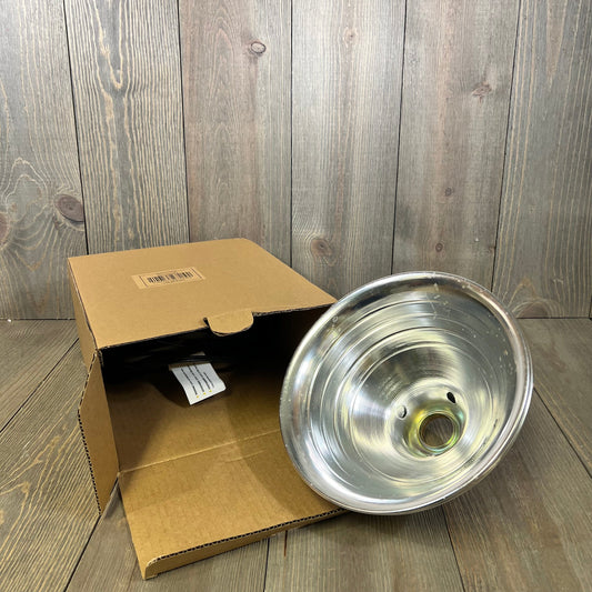 Simple Deluxe Clamp Lamp with 8.5" aluminum reflector partially out of its box, showcasing durable silver finish.