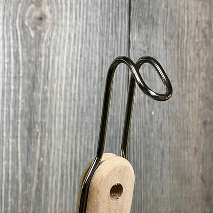 Stainless steel basket handle with wooden grip for Tessco pasta cooker, ideal for noodles and dumplings.