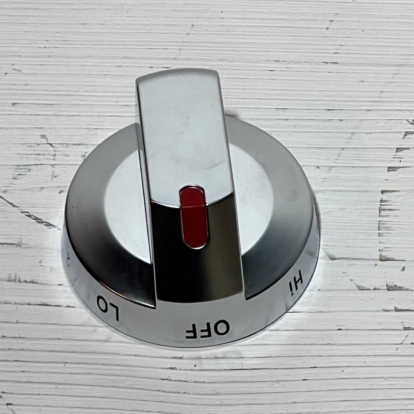 Samsung stove knob replacement, model DG94-03500A/Z, shiny silver finish with red indicator and temperature settings.