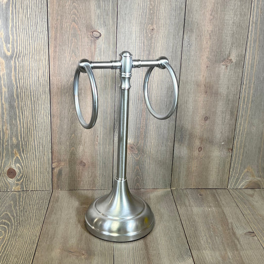 Satin chrome guest towel stand with two rings from the Allied Brass Carolina Collection, elegant and stylish bathroom accessory.