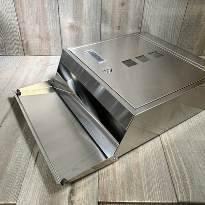 Wall-mounted stainless steel mailbox with key lock, featuring a large capacity and newspaper compartment, silver finish.