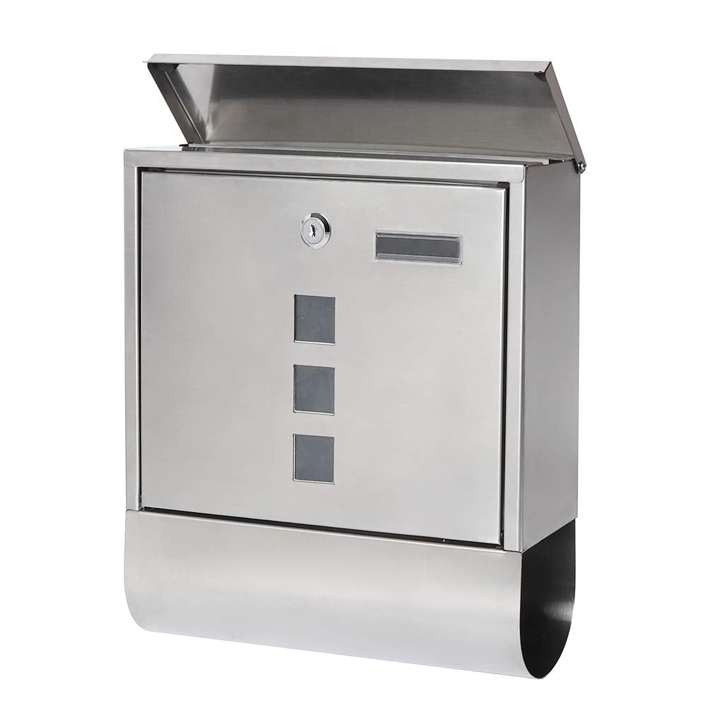 Wall-mounted stainless steel mailbox with key lock, featuring a newspaper compartment and a sleek silver finish.