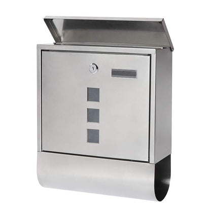 Wall-mounted stainless steel mailbox with key lock, featuring a newspaper compartment and a sleek silver finish.