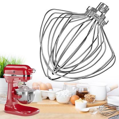 Stainless steel 11-wire whip for KitchenAid bowl-lift mixer with baking ingredients in the background. Ideal for 7-quart bowl.