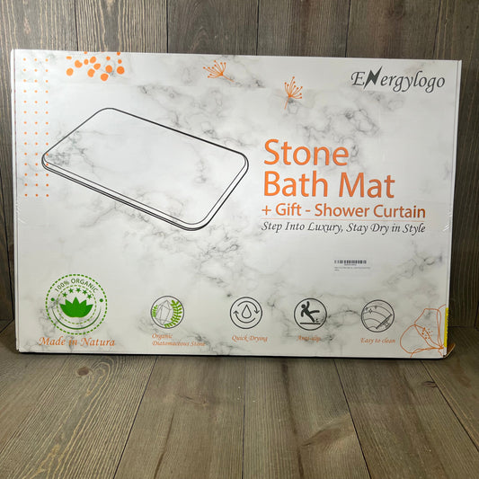 ENERGYLOGO Natural Stone Bath Mat packaging showcasing non-slip, quick-drying features with gift shower curtain.