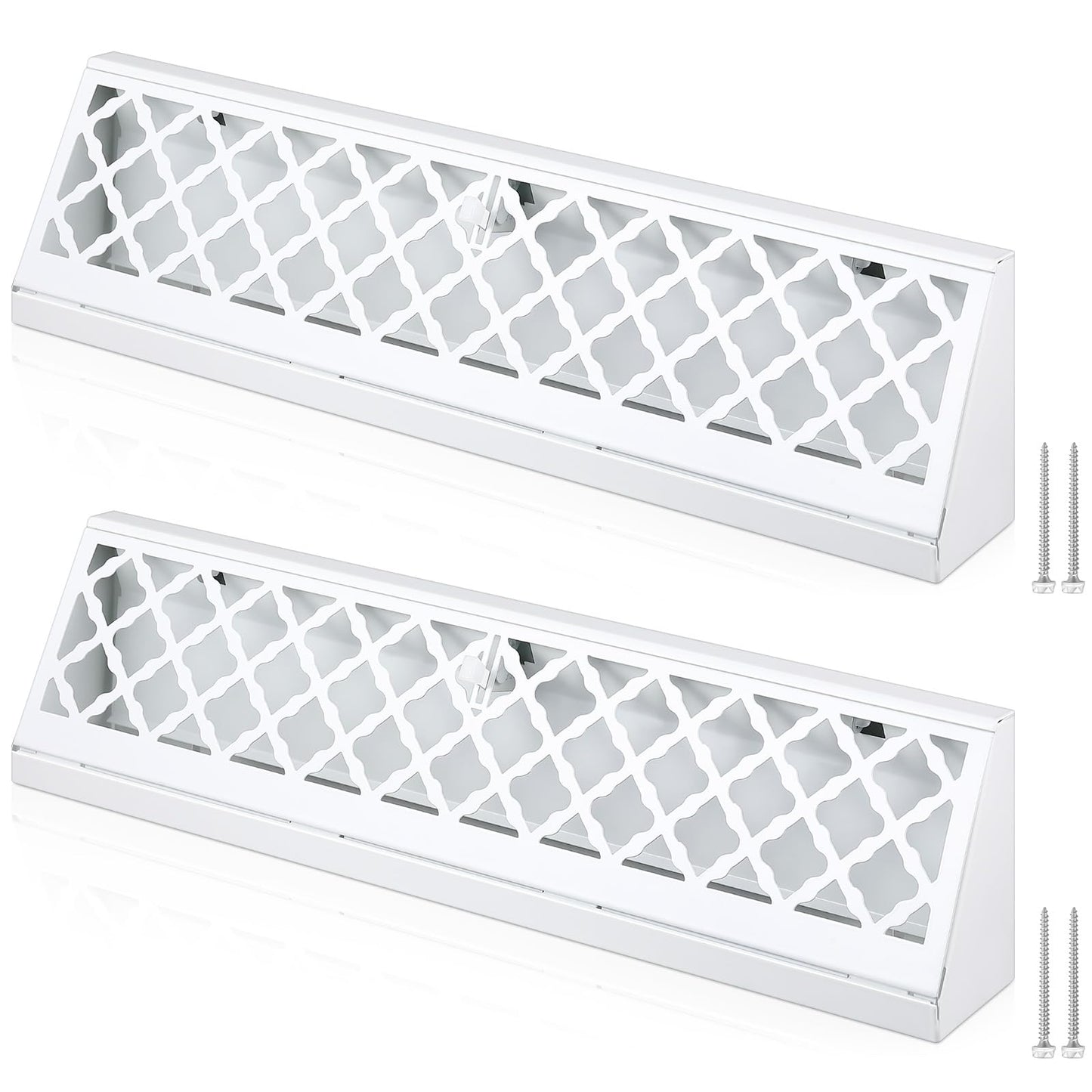 Stylish white vent covers with modern lattice design, perfect for baseboard air supply, includes screws for installation.