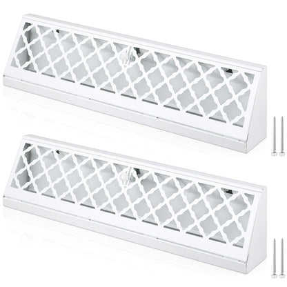Stylish white vent covers with modern lattice design, perfect for baseboard air supply, includes screws for installation.