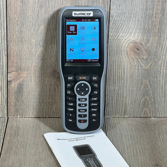 Wireless Sumicor barcode scanner with HD screen and keypad, ideal for inventory management and stocktaking.