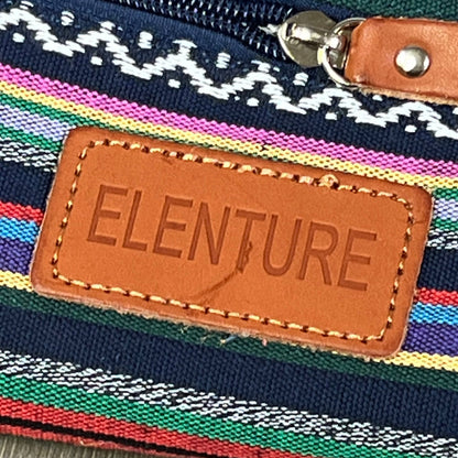 ELENTURE yoga mat bag with colorful stripes and leather logo patch, showcasing durable canvas material and stylish design.