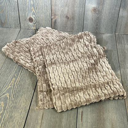 Light brown corduroy lumbar pillow covers on rustic wooden floor, ideal for farmhouse and boho decor, 12x20 inch.