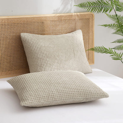 Ultra soft waffle weave pillow shams in light khaki, standard size, stylish and breathable, perfect for bedroom decor.