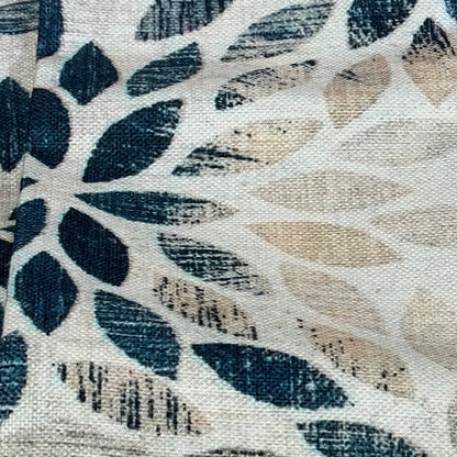 Navy blue cream dahlia lumbar pillow cover with geometric floral pattern, perfect for rustic outdoor decor.