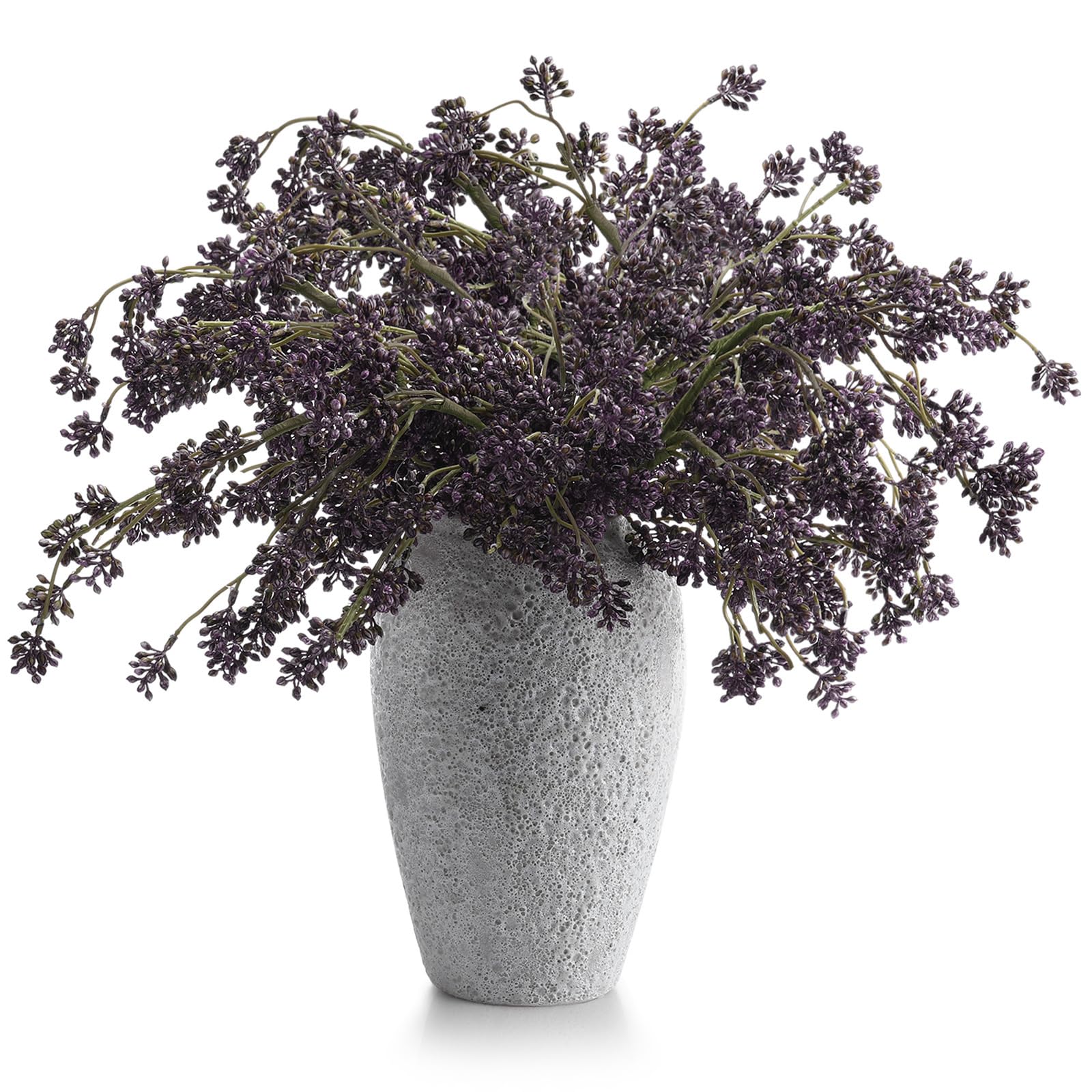 Artificial plum sedum berry stems in a textured gray vase, perfect for autumn farmhouse and Thanksgiving decor.