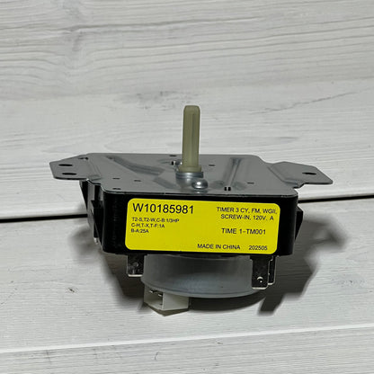 Dryer timer W10185981 replacement part with yellow label, compatible with Whirlpool, Kenmore, Amana models.