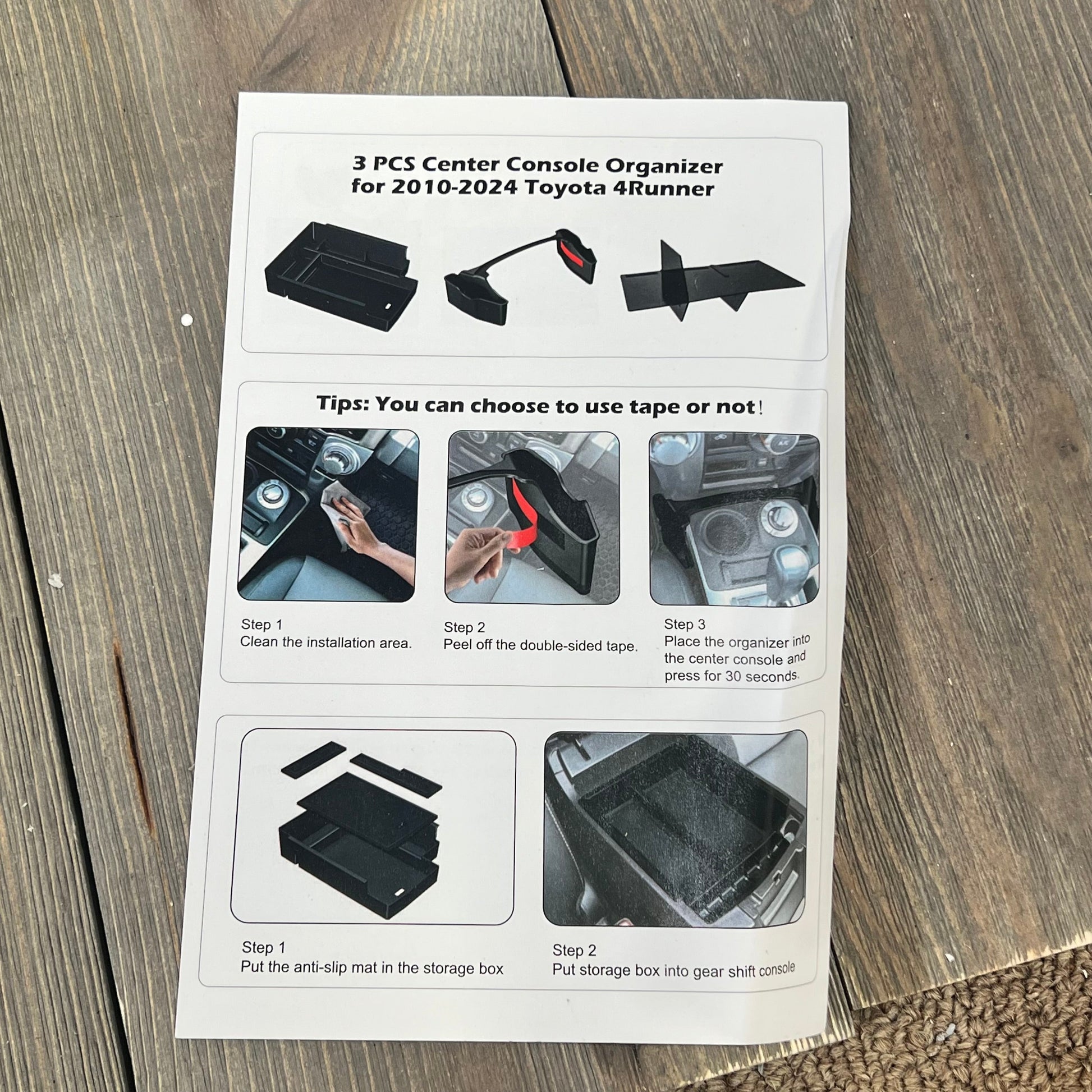 Installation guide for DIAMOOKY 3PCS center console organizer, compatible with Toyota 4Runner 2010-2024 models.