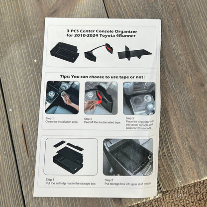 Installation guide for DIAMOOKY 3PCS center console organizer, compatible with Toyota 4Runner 2010-2024 models.