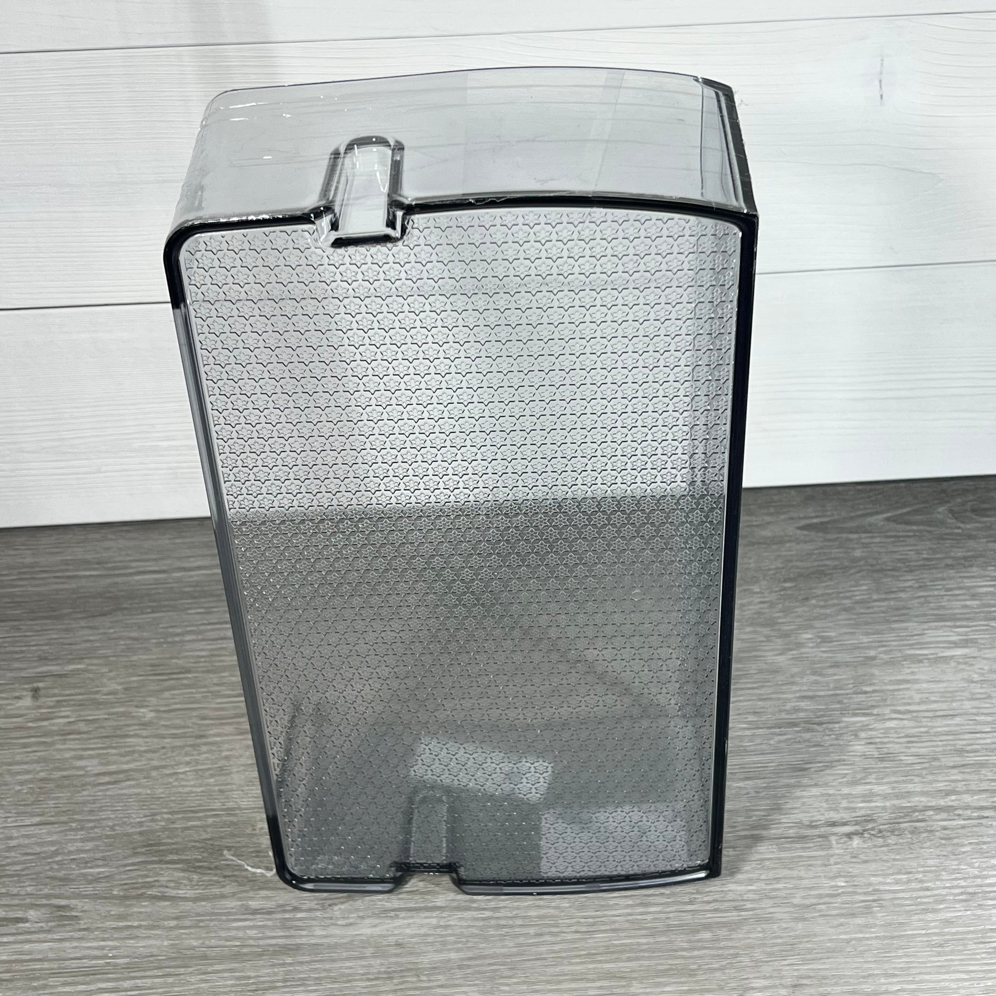 Transparent Samsung-compatible fridge door shelf bin with a textured pattern, model DA97-21912A, standing upright.
