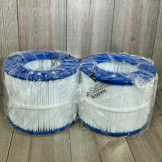 Vickmons 2 Pack PBF40M spa filters wrapped in plastic, compatible with Pleatco, Bull Frog Spas, and Wellspring models.